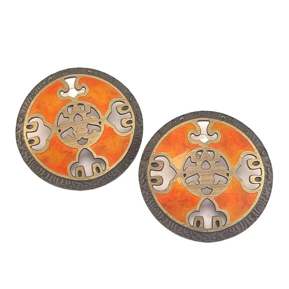 Brass and Enamel Round Pierce Cutout Earrings Round Post Back 2 Inch - Picture 2 of 5